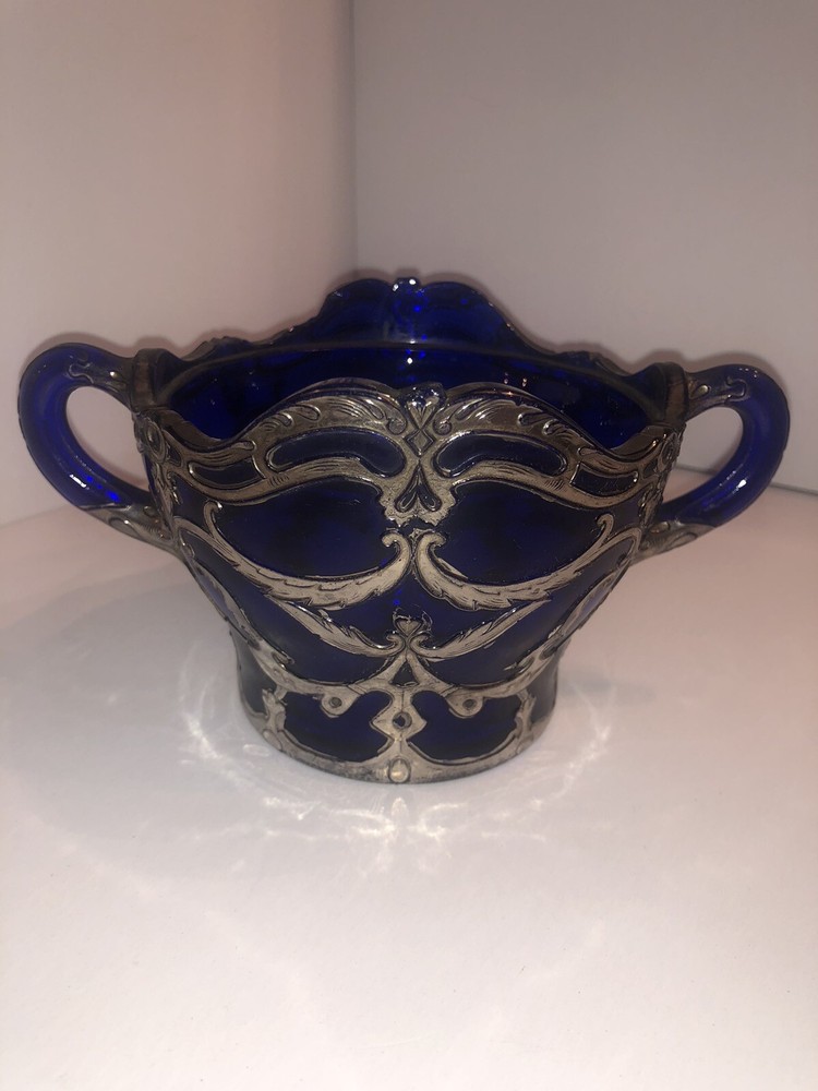 Dugan Diamond Glass Maple Leaf Cobalt Blue EAPG Sugar Bowl w Silver Filigree