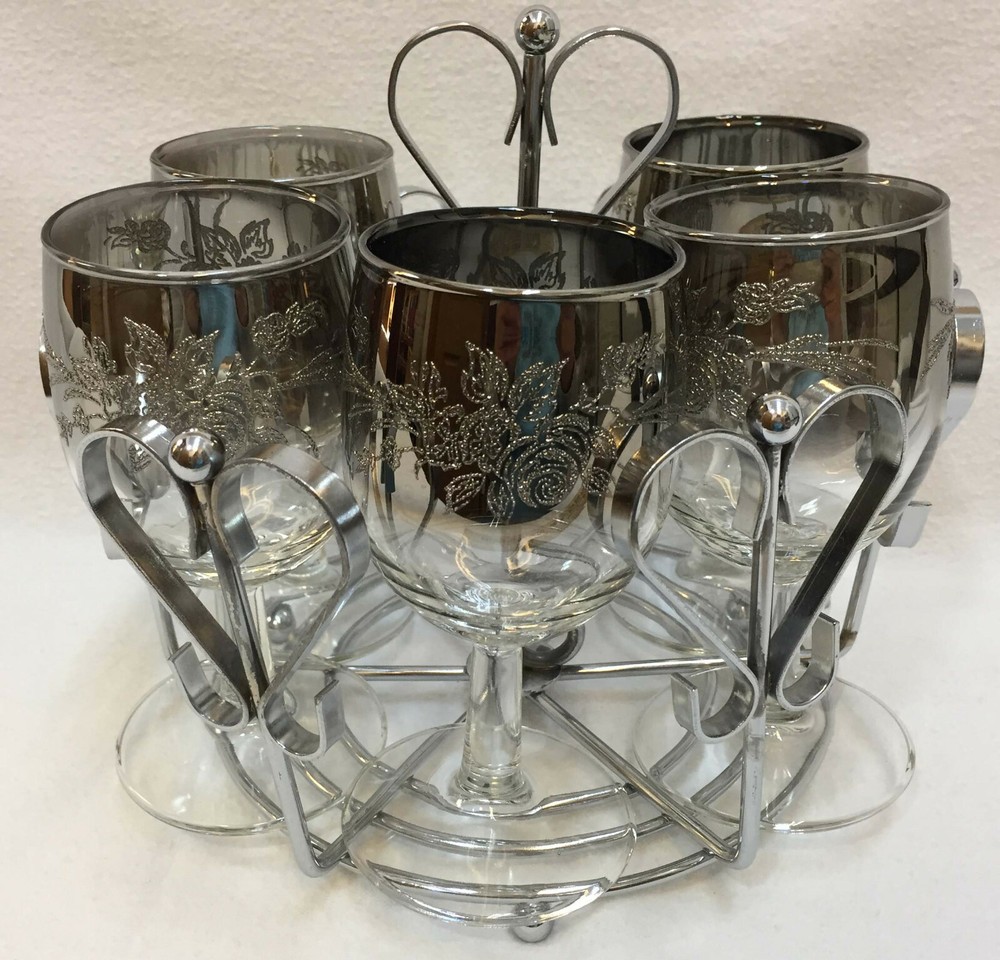 Wine Glasses Goblets Glass Black Ombre Clear Etched Floral w/ Storage Caddy Vtg
