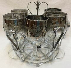 Wine Glasses Goblets Glass Black Ombre Clear Etched Floral w/ Storage Caddy Vtg