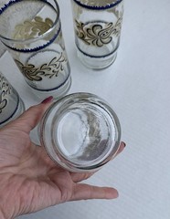 MCM 70s Blue & Gold Floral Print Juice Tumbler Glasses 6″ Vintage Retro