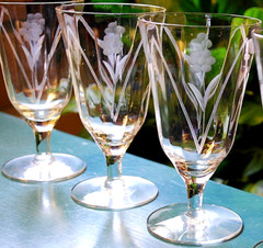 Vtg Set 5 Hand Cut Floral & Arch OPTIC DEPRESSION GLASS Iced Tea Goblets 6.25″