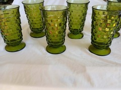6 Vintage Indiana Glass «Whitehall» pattern footed tumblers in Avocado Green.