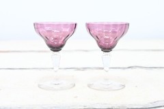 Pair of Amethyst Purple Plum Paneled Optic Cordial, Champagne, Wine Stemmed Glas