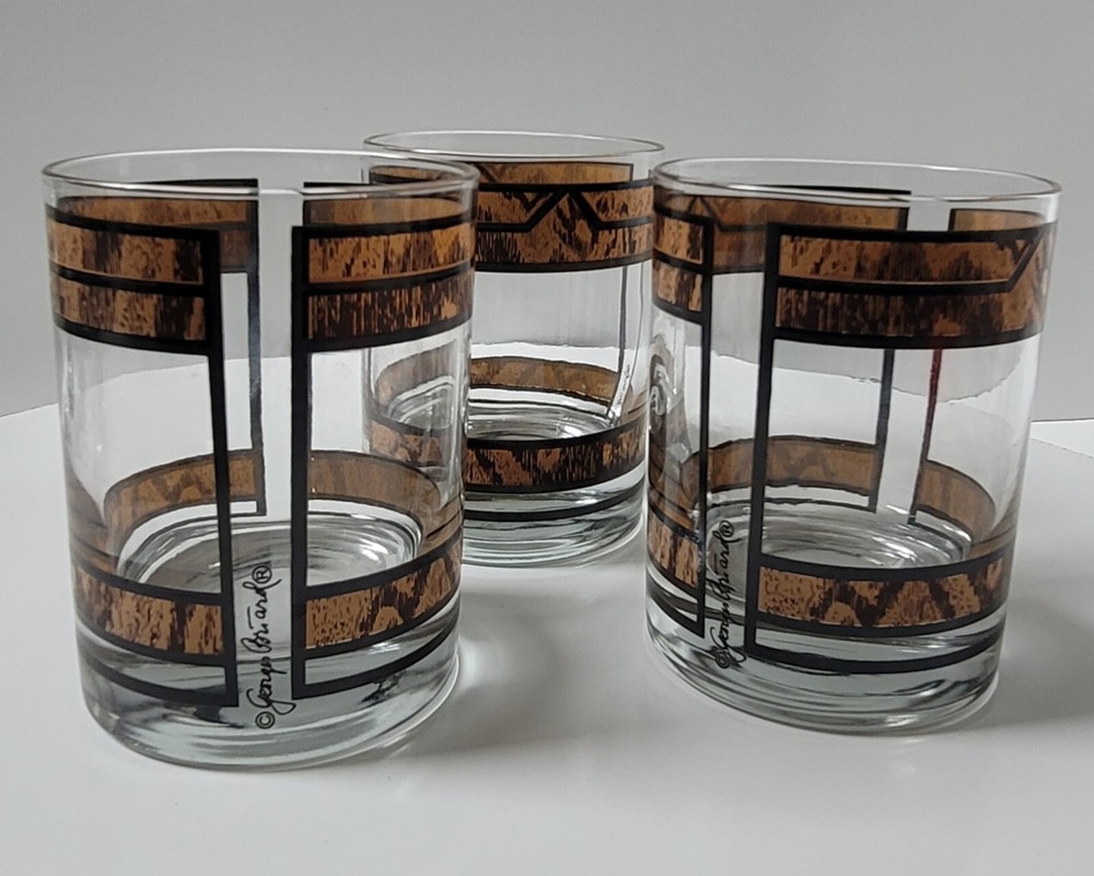 3 Georges Briard Brown and Tan Design Low Ball Old Fashioned Glasses Signed