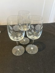Set of 3 Etched Floral Wine Glasses Frosted Rose Stemware Clear Glass Vintage