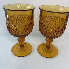 Vintage Amber Diamond Point Indiana Glass Water Wine Goblet Stemware Set Of 2