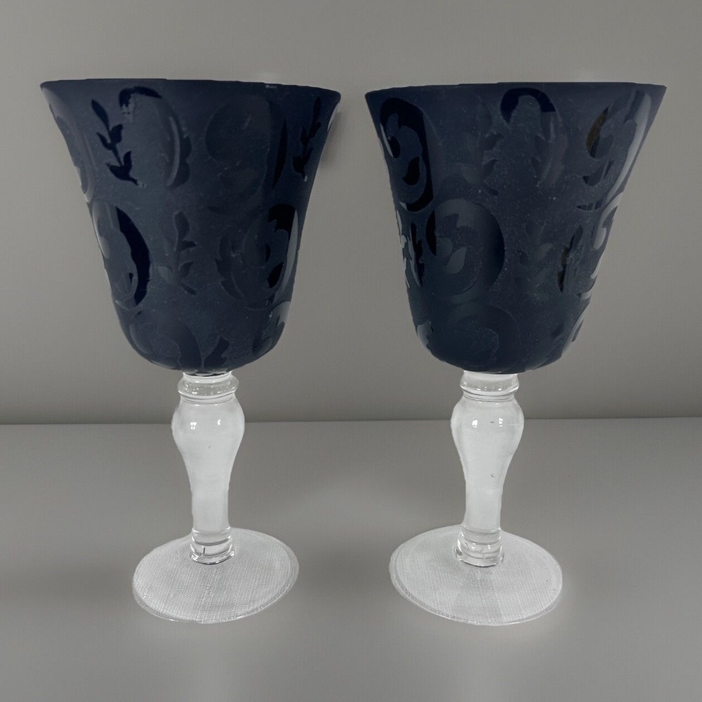 Pair of EBONY BLACK Footed STEMWARE Water Wine Goblets Paisley w/ Clear Stem