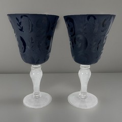 Pair of EBONY BLACK Footed STEMWARE Water Wine Goblets Paisley w/ Clear Stem