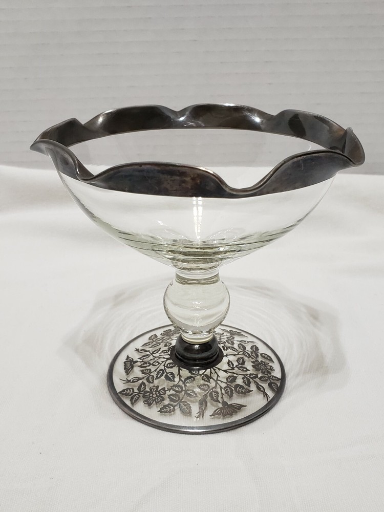 Ruffled Edge Glass Candy Bowl on a Pedestal with Overlay and Silver Banding!