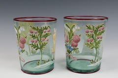 Pair Blown Enameled Glass Tumbler Cup Figures Fruit Rose German Venetian Antique