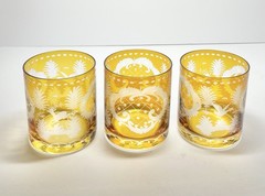 1970s Bohemian Amber Glass Cut 3 Tumbler Cocktail Glasses Wildlife Deer Duck