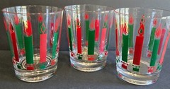 McBeth 3 Double Old Fashion Rocks Glasses Red & Green Candles Drinking Vintage