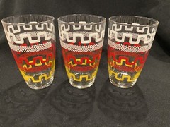Set of 3 Vintage Libby Glasses 4 1/3” Retro Yellow Red White Greek Key Stripe