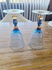2 Mikasa Estate Slate Blue/ Amber Wine/Water Glasses Handblown Art Deco 7″H EUC