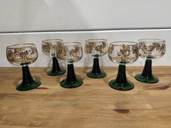 Set Of 6 Luminarc France Wine Glasses Green Beehive Stem Gold Leaf Grapes Vtg