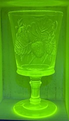 L. G. Wright Strawberry And Currant Vaseline Glass Water Goblet 6”H 3.25”D