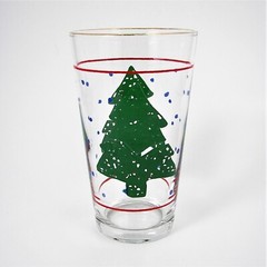 Christmas Tree Holiday Glass Tumbler Gold Rim Red Stripe Blue Snow Vintage