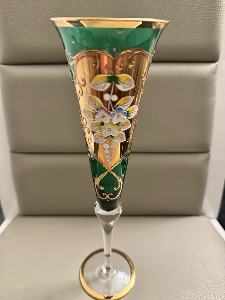Italian Green&Gold Champagne Flutes -Hand-Painted Floral Made in Italy Set Of 6