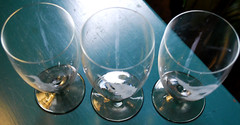 Vtg RUSSIA Set 3 HAND ETCHED Wine Glasses Luster Smoke Foot CIRCUS BEARS/DUCK