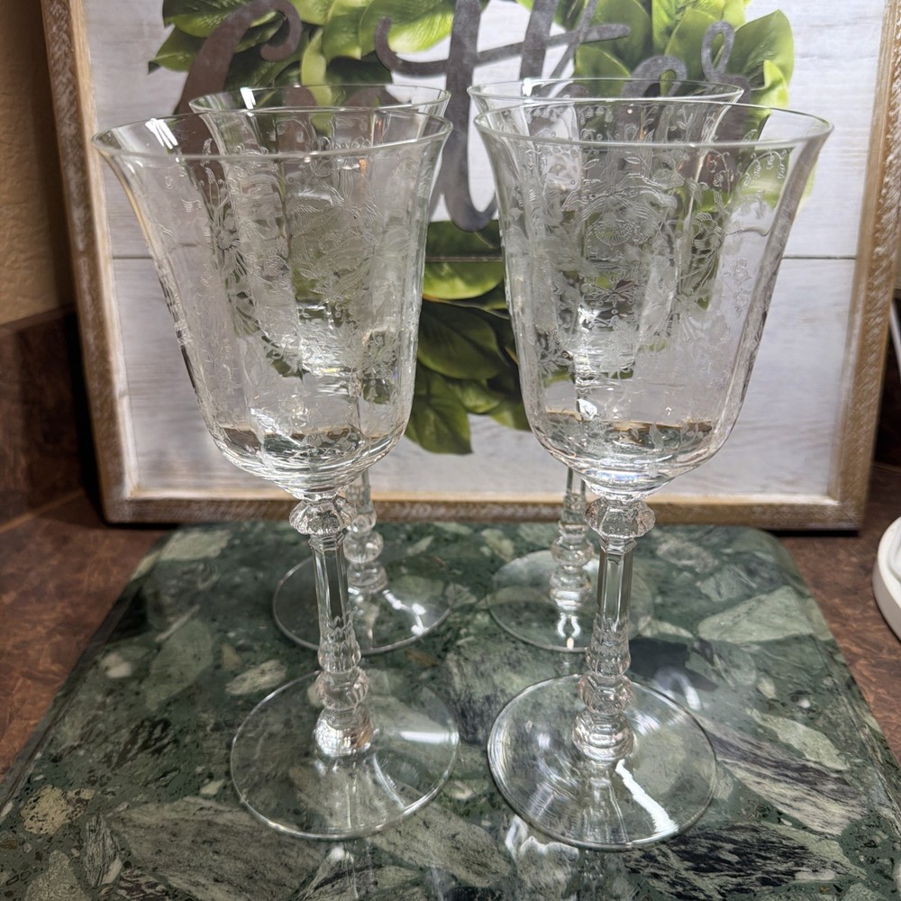 Vintage Heisey Orchid Crystal Wine Glasses Set of 4 Etched Floral Stemware 8.25”
