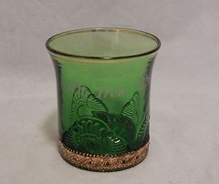 EAPG Glass Lacy Medallion Green Tumbler Souvenir of Mt. Iron Minnesota