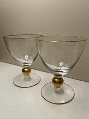 Set of 2 Vintage MCM Crystal Water Goblets Gold Trim and Gold Ball Stem 5 1/8″h