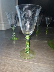 32 Piece Tiffin Etched Vaseline Glass Dinner Set – Lime Green Ribbed Stems RARE