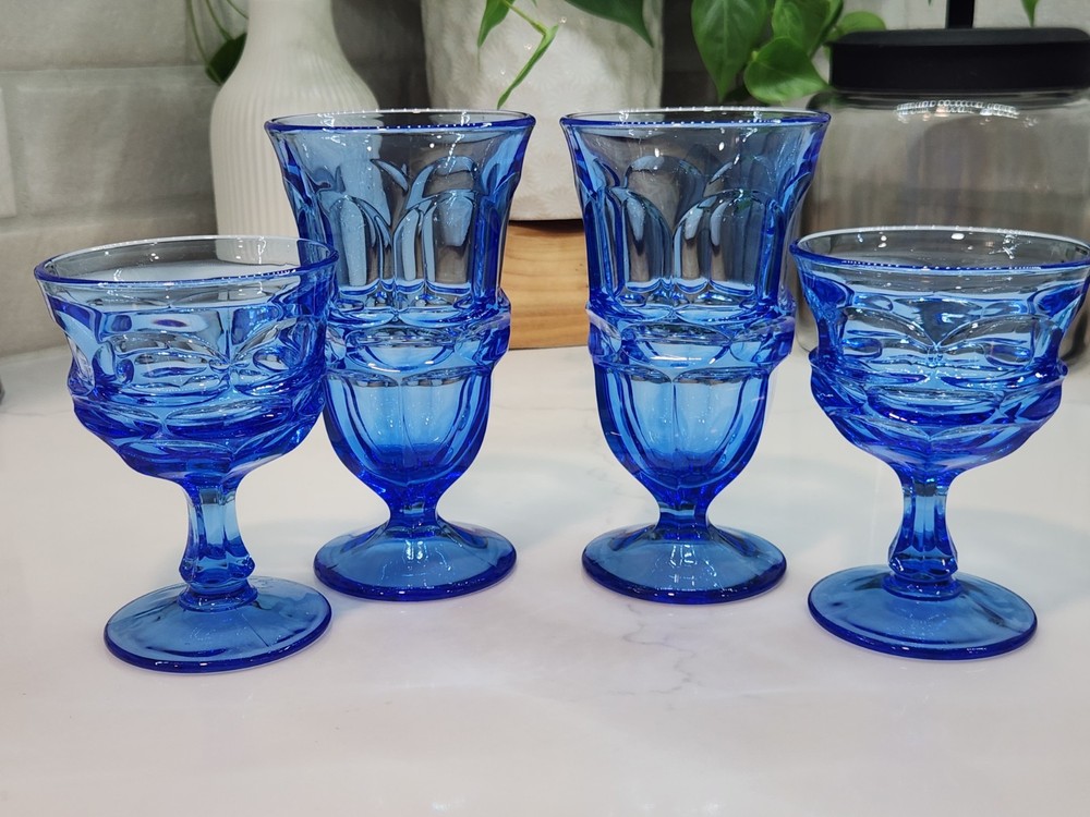 Fostoria Argus BLUE Henry Ford Museum HFM Iced Tea Glasses And 2 Sherbert Cups