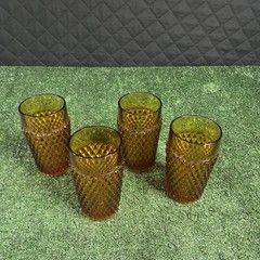 Vtg Amber Diamond Point Glass Tumblers Set of 4 Retro Mid Century 6” Cups Gothic