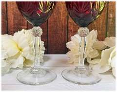 Cristal D’Arques Durand Antique Ruby Red Clear Pair of Goblets Glasses France