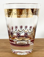 2 GAY FAD Cocktail Glasses Gold Band Grape Leaf Purple Floral Vtg MCM Bar RARE
