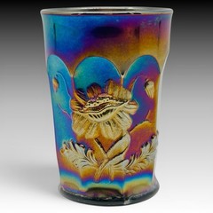 Northwood Oriental Poppy Black Amethyst Carnival Glass Tumbler, Antique 4.5 Inch