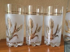 VINTAGE Frosted Glass DeValBor Pitcher 6 Glasses Golden Wheat Spikelets Preowned