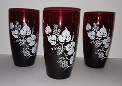 Ruby Red Glass Drinking Glasses / Tumblers White Vine Ivy Leaves -Set/Lot