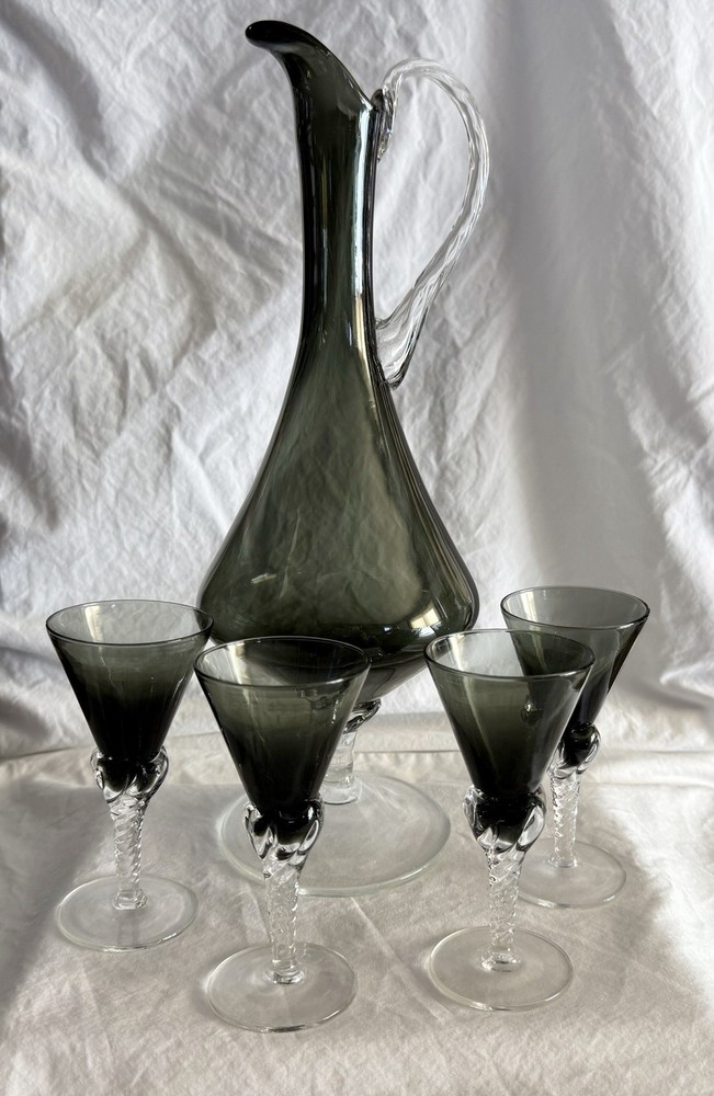 Smokey Gray/Green Cordial Set With Pitcher & Four Glasses
