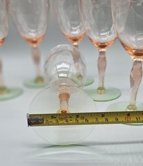 Vintage Weston Watermelon Uranium Glass Stemmed Goblets With Etched Flowers