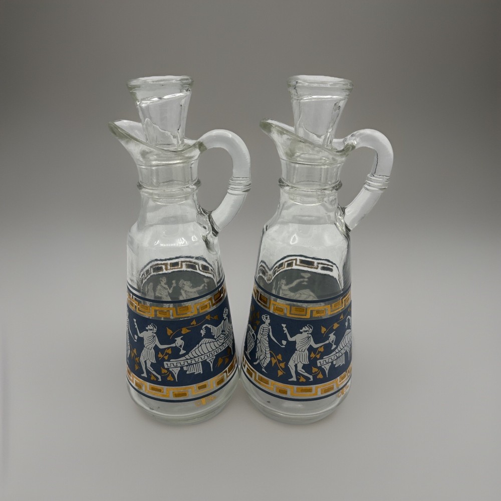 Cera Glass Cruet Set Etruscan Frieze Roman Greek Key MCM Vintage HTF