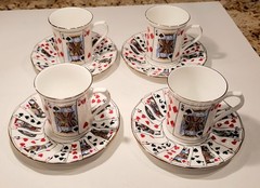 4 Queen’s China Staffordshire Cut for Coffee Playing Cards Cup & Saucer Set MINT