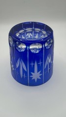 Unmarked Etched Cobalt Blue Cut Glass Starburst Shot Glass Votive Candle Holder