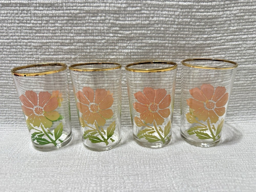 (4) Pretty Vtg. Federal Clear Glass-Pink/Yellow Daisies/Gold Trim Juice Glasses