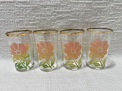 (4) Pretty Vtg. Federal Clear Glass-Pink/Yellow Daisies/Gold Trim Juice Glasses