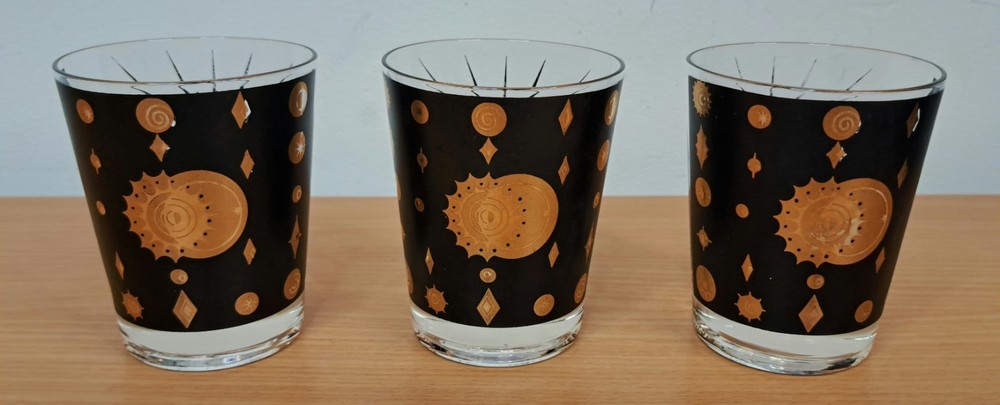 Set of 3 Fred Press 4.5″ Glasses MCM Starburst Sun Moon Gold Black Vintage