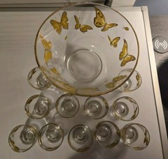 Culver Mid-century Modern Punch Bowl 22k Gold Butterflies With 11 Glasses RARE