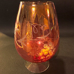 Pink Etched Grape Vine Brandy Glass Goblet Stemmed Round Decorated