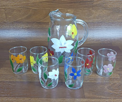 Vintage Bartlett Collins Juice Set Pitcher + 6 Glasses Hand Painted Floral MCM