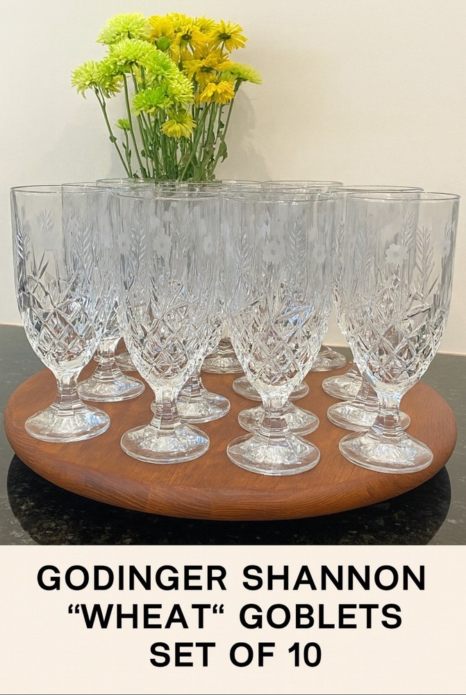 Godinger Shannon Crystal Wheat Goblets Set of 10 Etched Floral Cut Glass