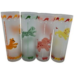 Lot 4 Libbey Carousel Tumbler Highball Frosted Glass Leopard Elephant Lion Tiger