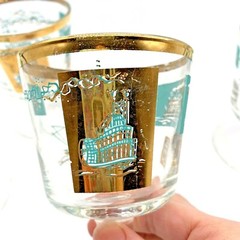 4 Libbey MCM Barware cocktail Glasses, Turquoise And Gold Pedestal, 1 Jigger