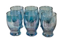 Iridescent Blue Glass Etched Atomic Shooting Star/Flower Stacking Juice Glasses