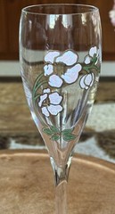 PAIR PERRIER JOUET CHAMPAGNE FLUTES PINK FLORAL CRYSTAL STEMWARE 7.6”H ,FRANCE
